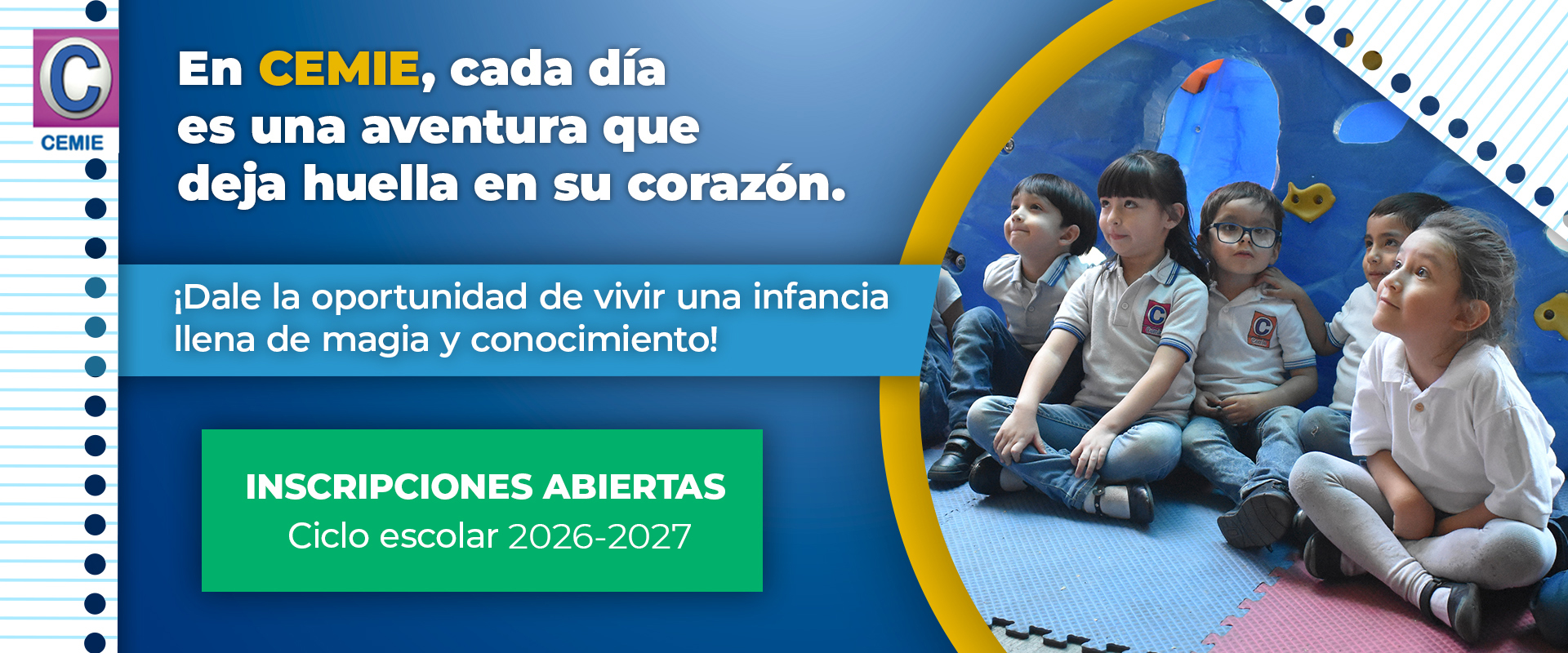 Banner principal del colegio CEMIE anunciando inscripciones abiertas.